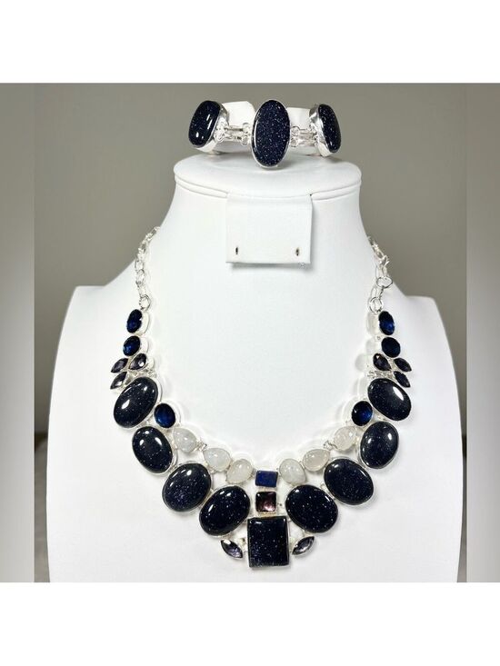 Handmade Jewelry - Blue Sunstone Moonstone Lapis 925 Gemstone Large Necklace & Bracelet